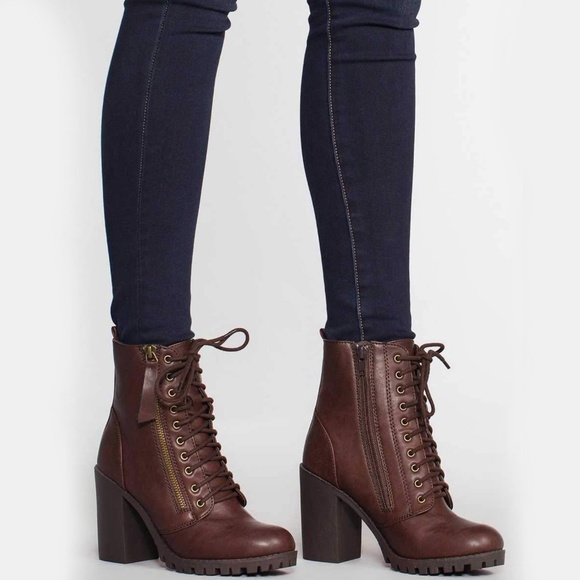 New Brown Lace Up Combat Ankle Booties Boots Chunky Block Heel Lug Sole Platform - Picture 2 of 5